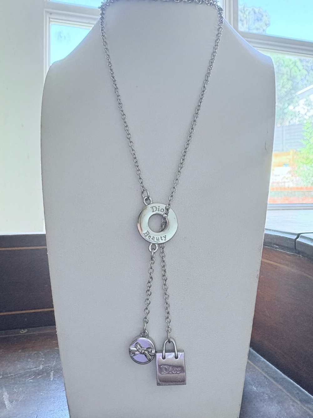 RARE Dior Beauty Silver-Tone Logo Lariat Necklace
